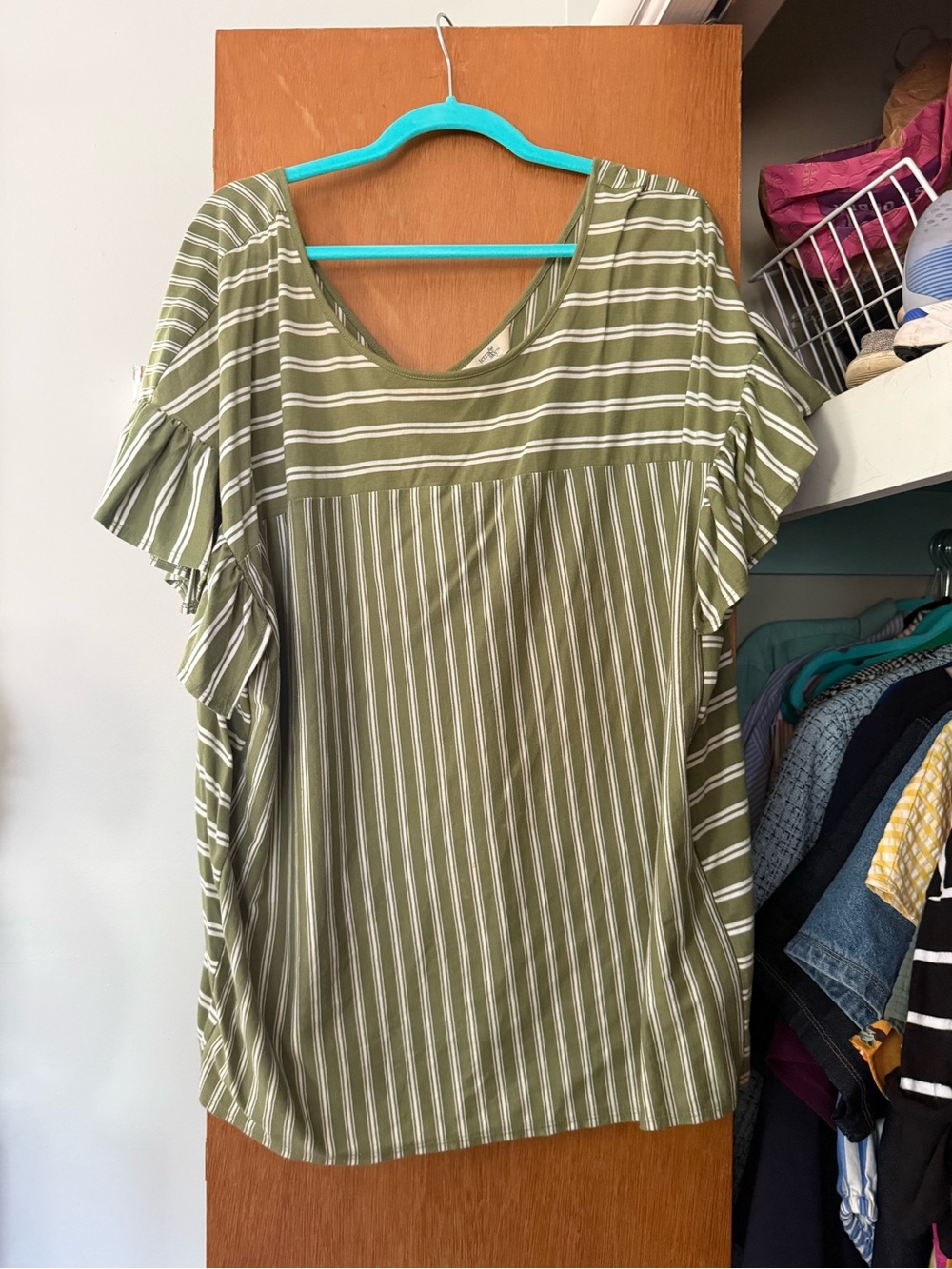 Terra & Sky Olive Striped Ruffle Sleeve Tunic Top